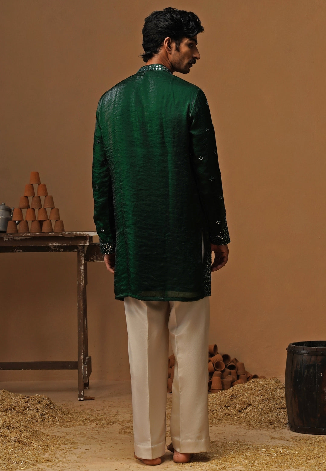 Emerald Green Tissue Silk Mirror Short Kurta Set