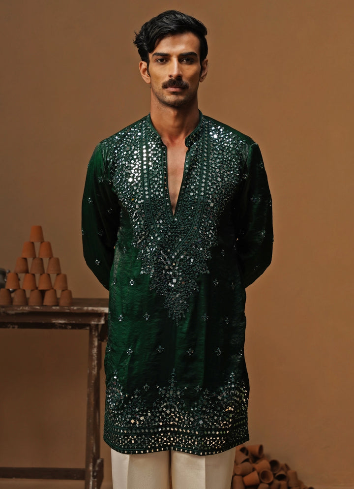 Emerald Green Tissue Silk Mirror Short Kurta Set