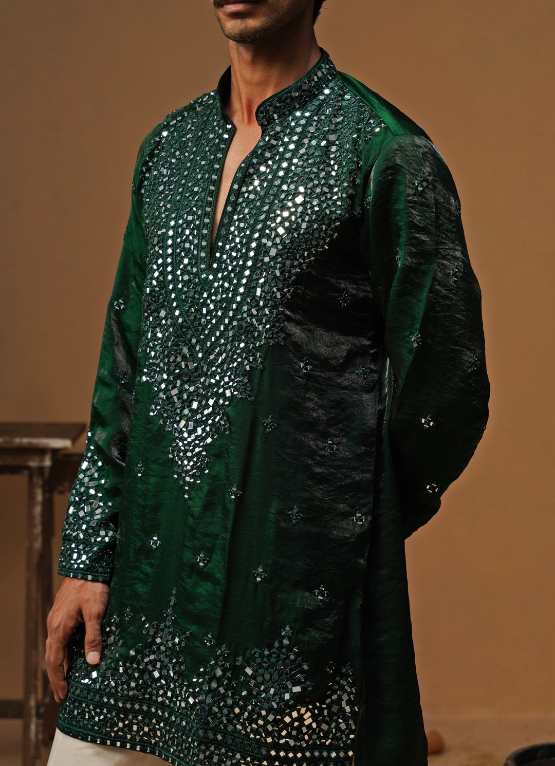 Emerald Green Tissue Silk Mirror Short Kurta Set