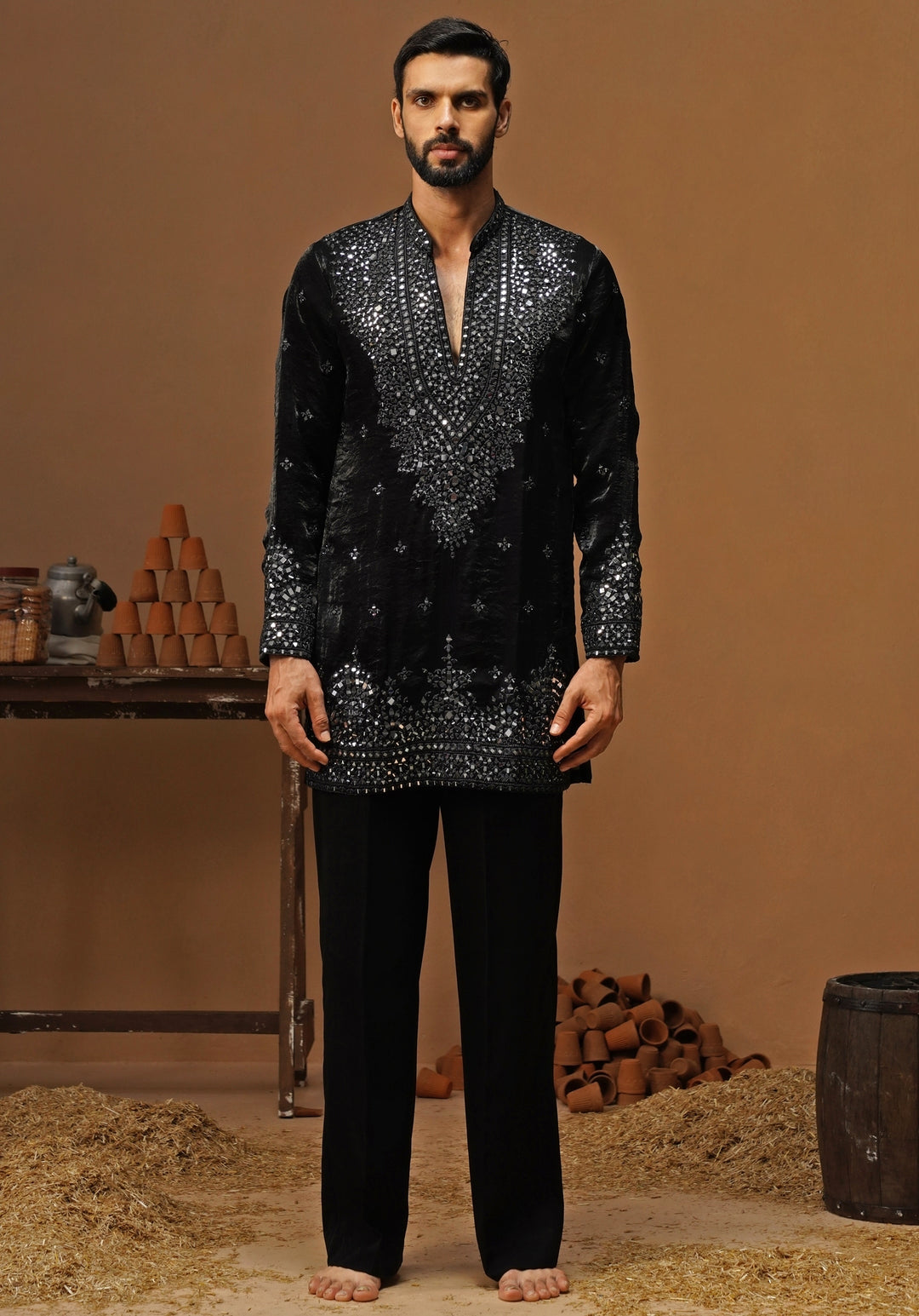 Black Tissue Silk Short Kurta Set