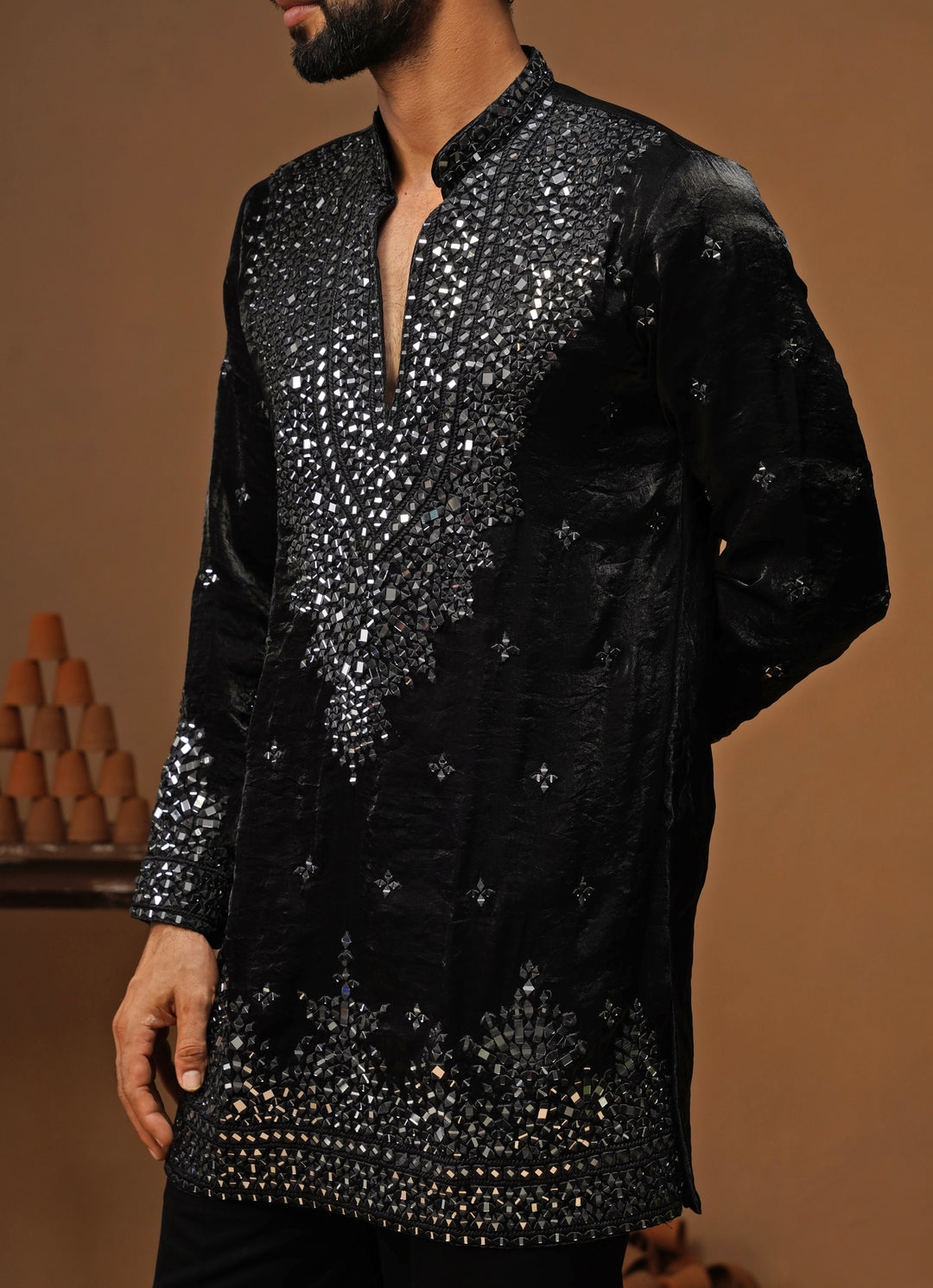 Black Tissue Silk Short Kurta Set