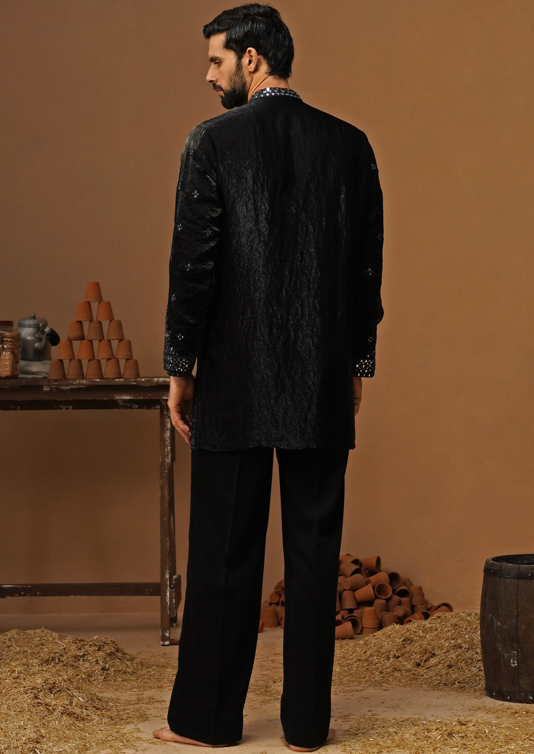 Black Tissue Silk Short Kurta Set