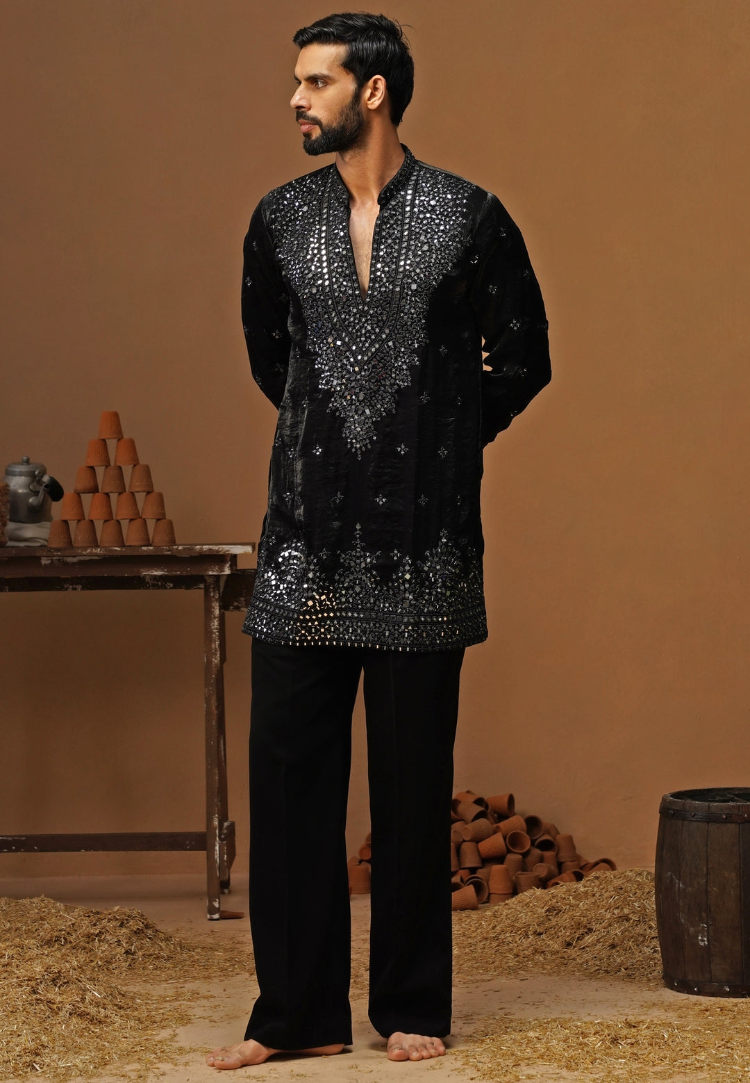 Black Tissue Silk Short Kurta Set