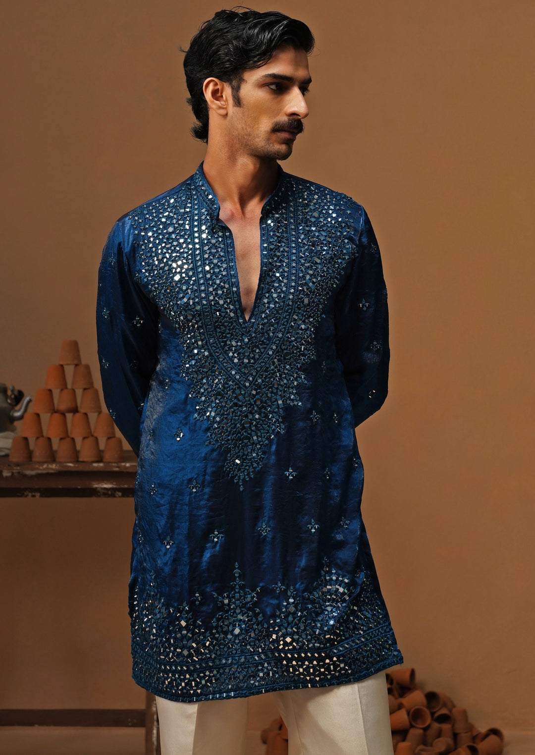 Blue Tissue Silk Short Kurta Set