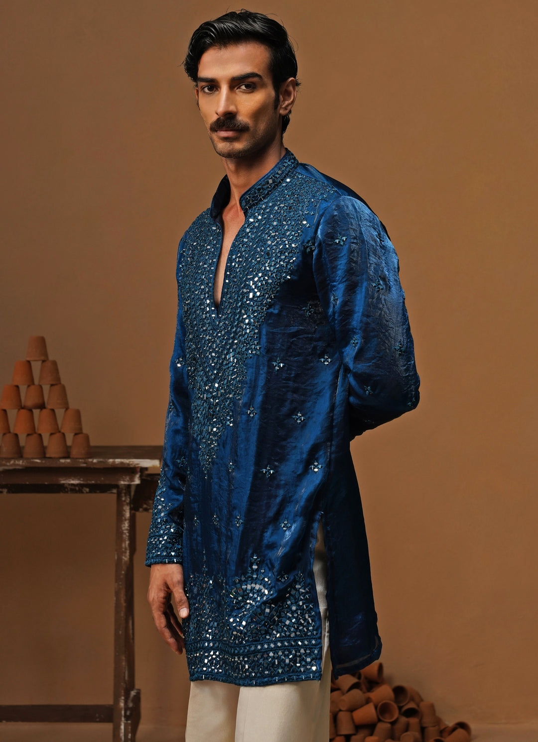 Blue Tissue Silk Short Kurta Set