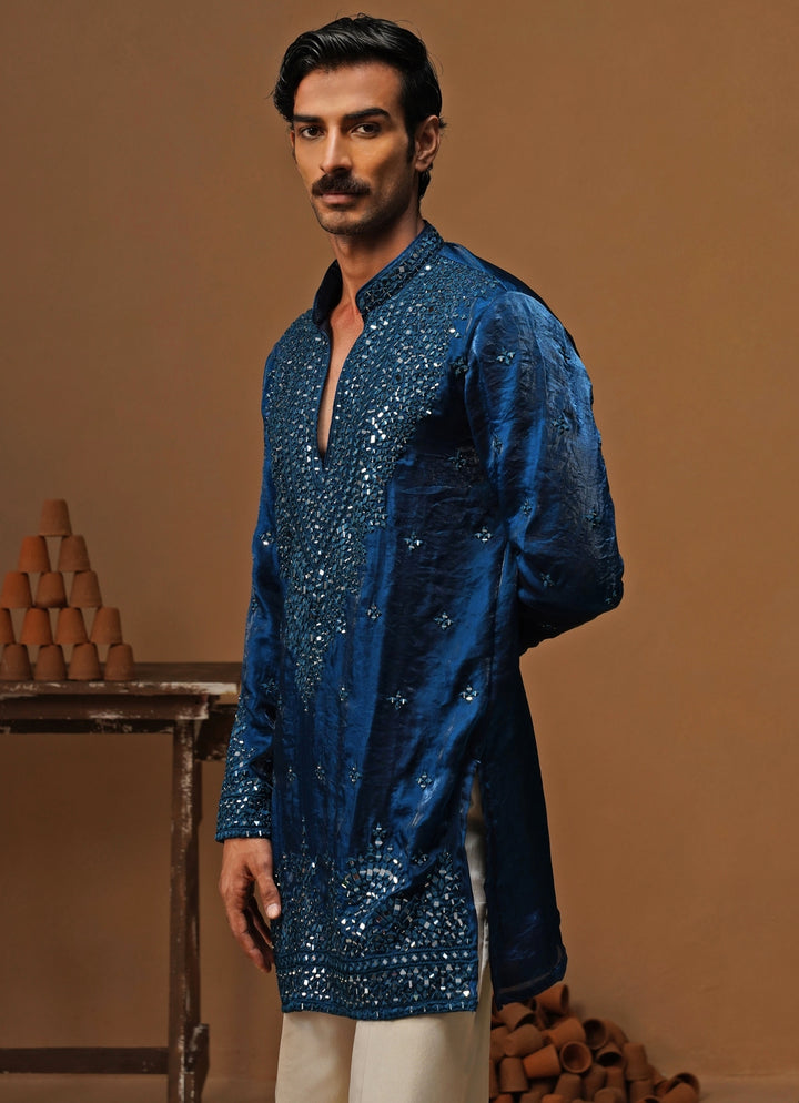 Blue Tissue Silk Short Kurta Set