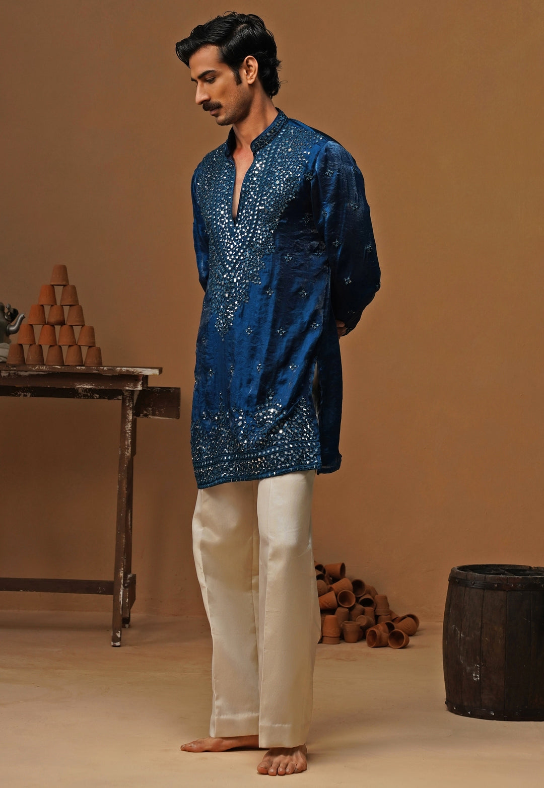 Blue Tissue Silk Short Kurta Set