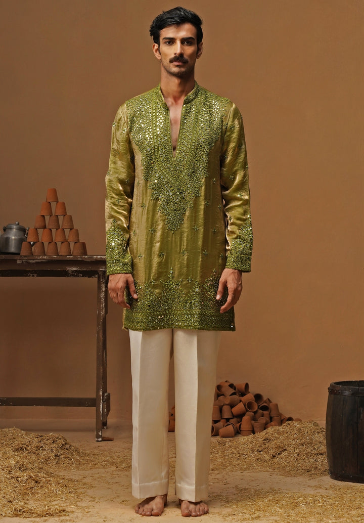 Mehendi Green Tissue Silk Short Kurta Set