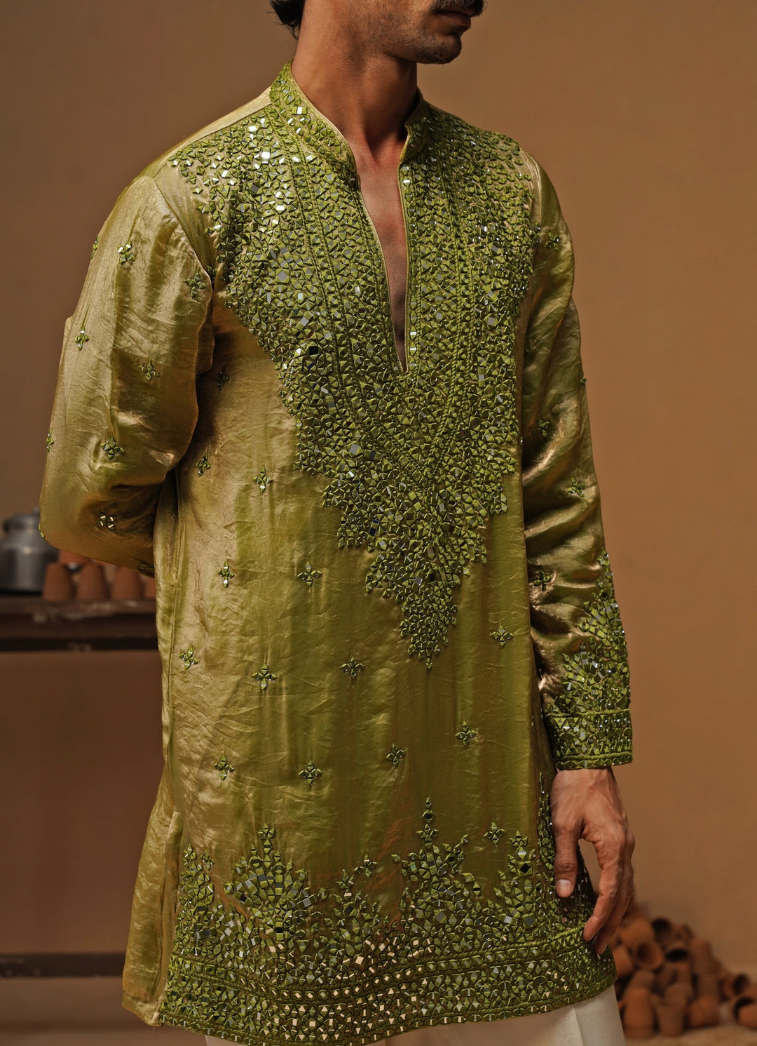 Mehendi Green Tissue Silk Short Kurta Set