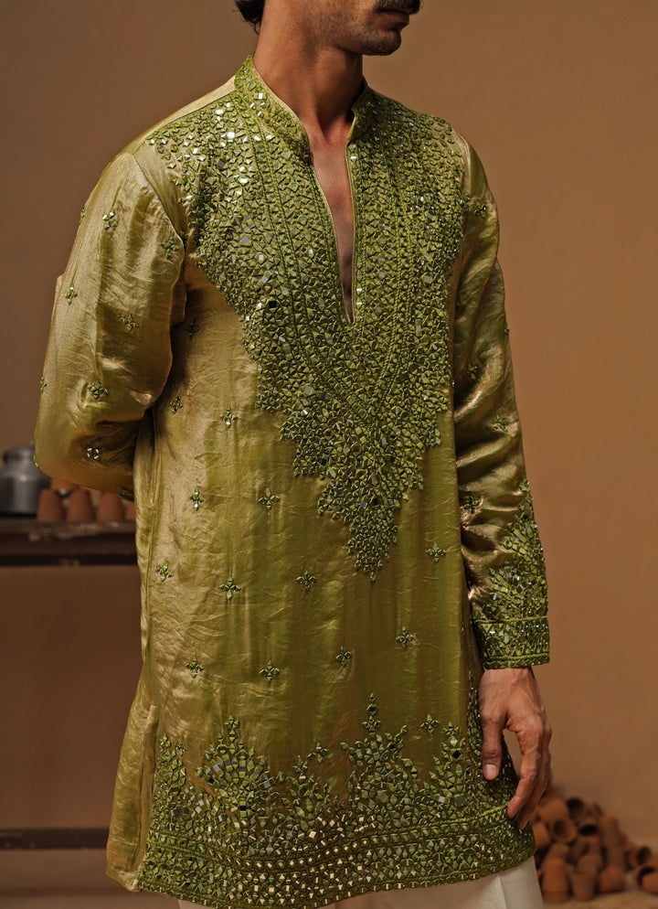 Mehendi Green Tissue Silk Short Kurta Set
