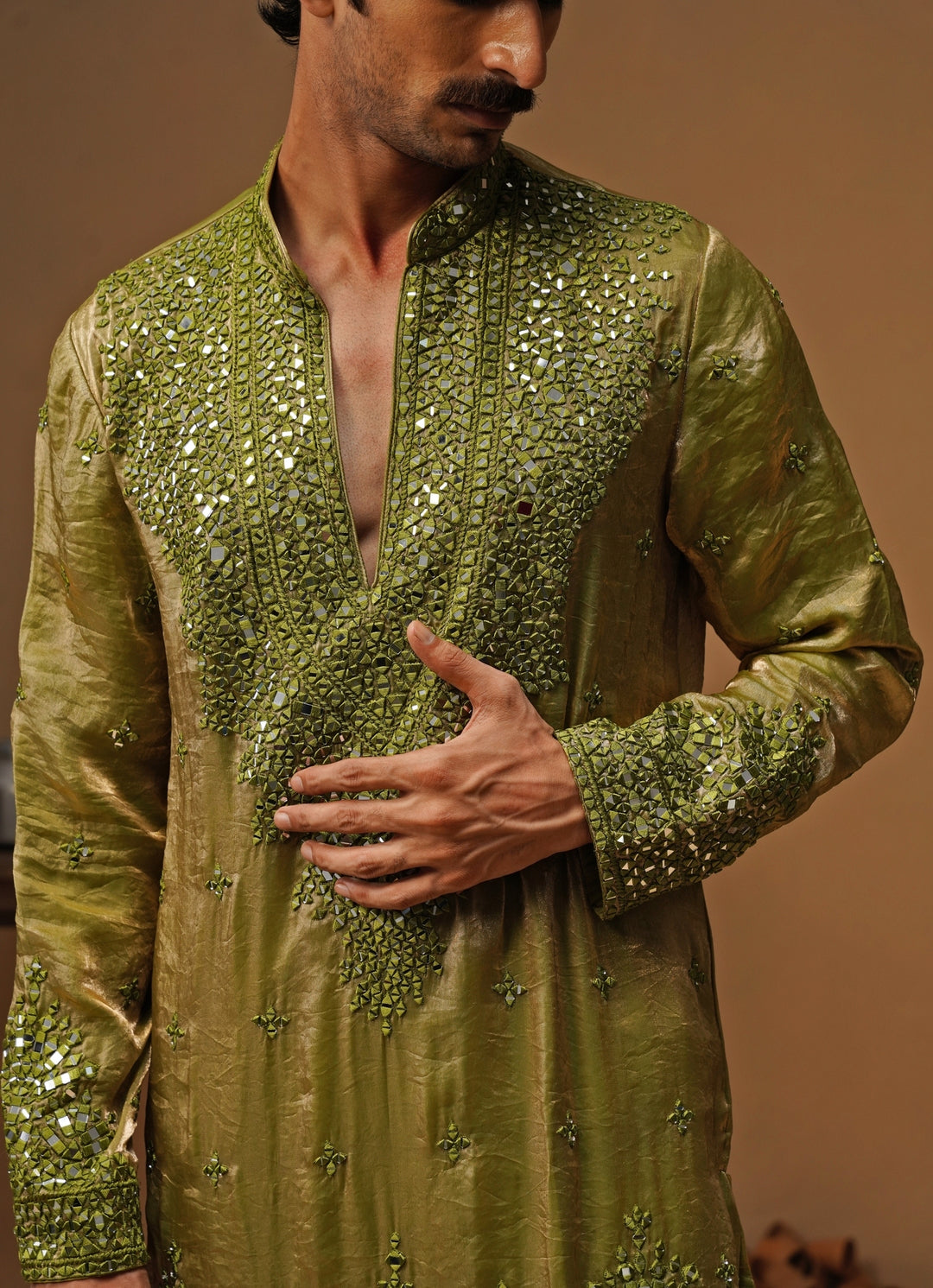 Mehendi Green Tissue Silk Short Kurta Set