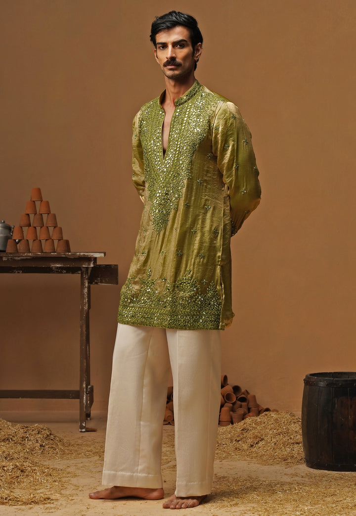 Mehendi Green Tissue Silk Short Kurta Set