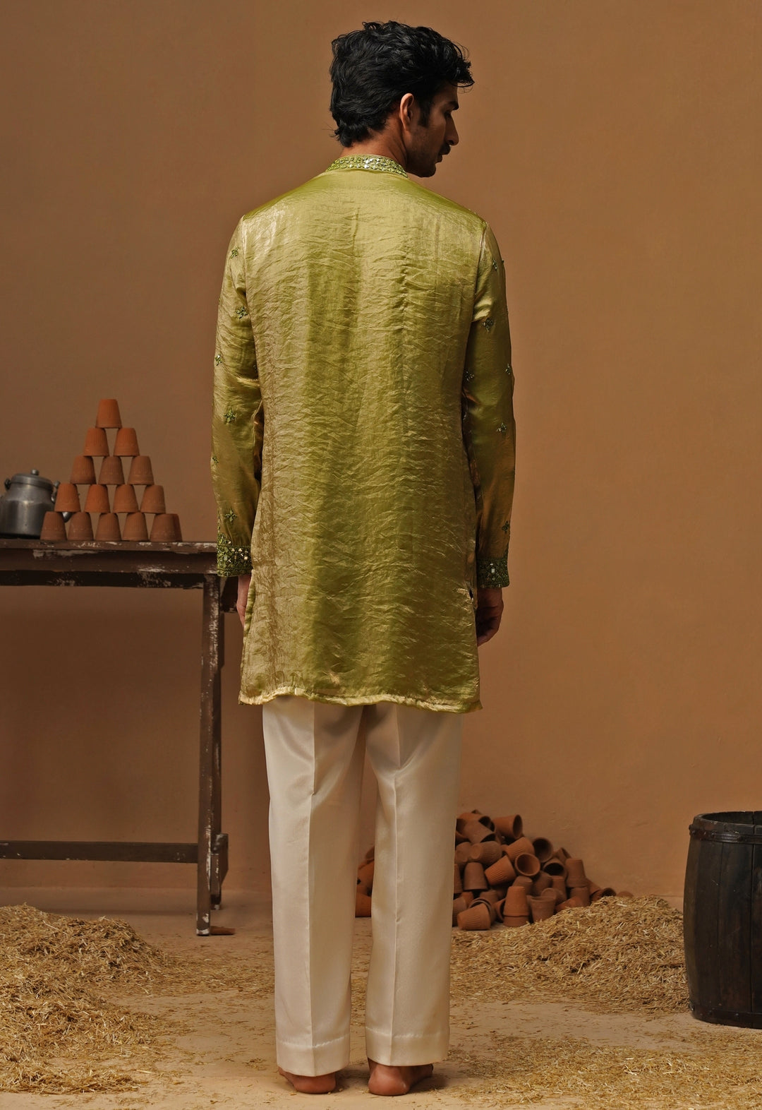 Mehendi Green Tissue Silk Short Kurta Set