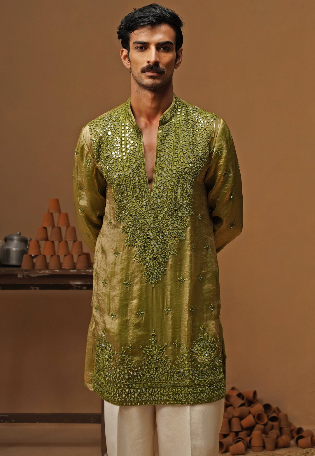 Mehendi Green Tissue Silk Short Kurta Set