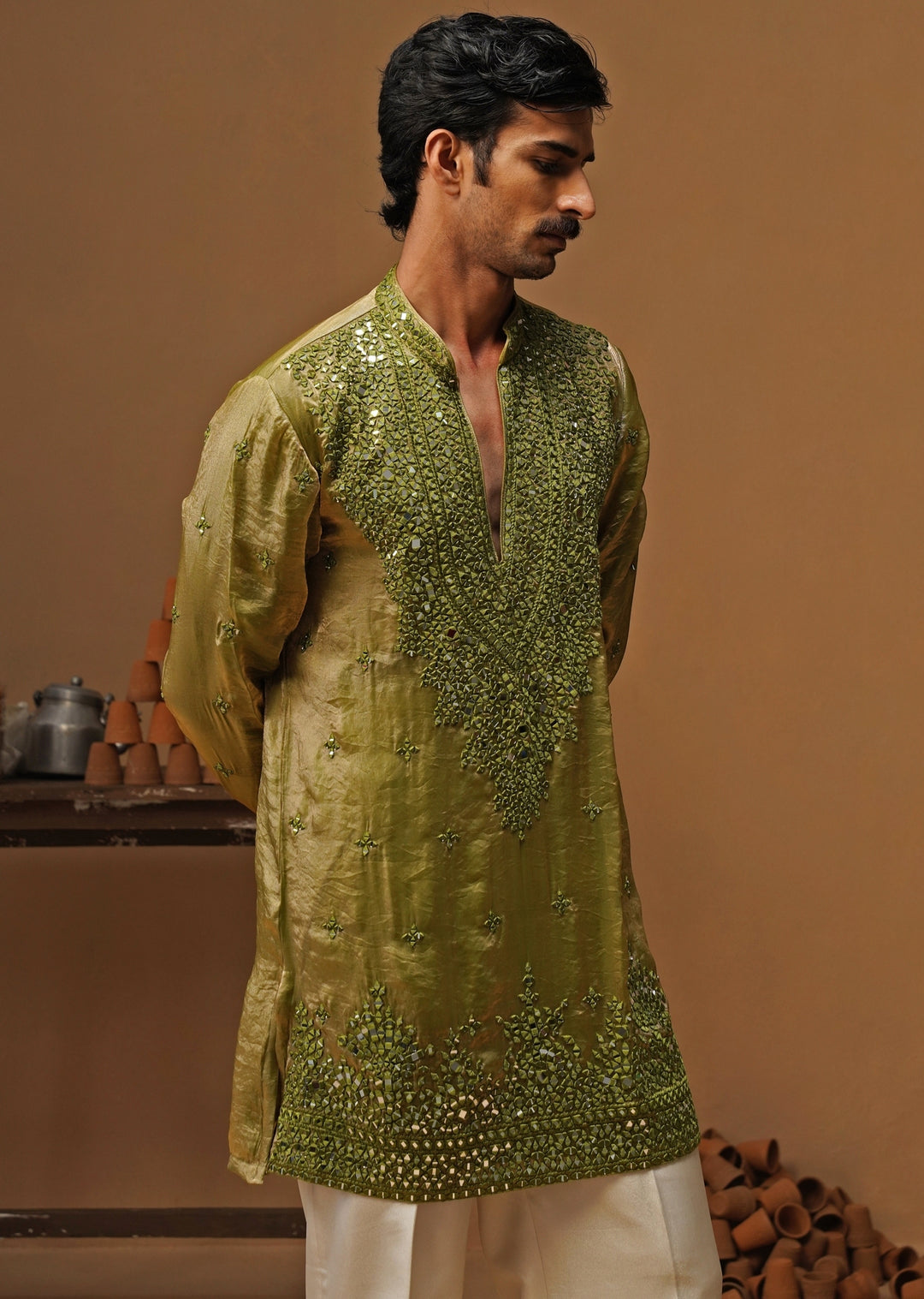 Mehendi Green Tissue Silk Short Kurta Set