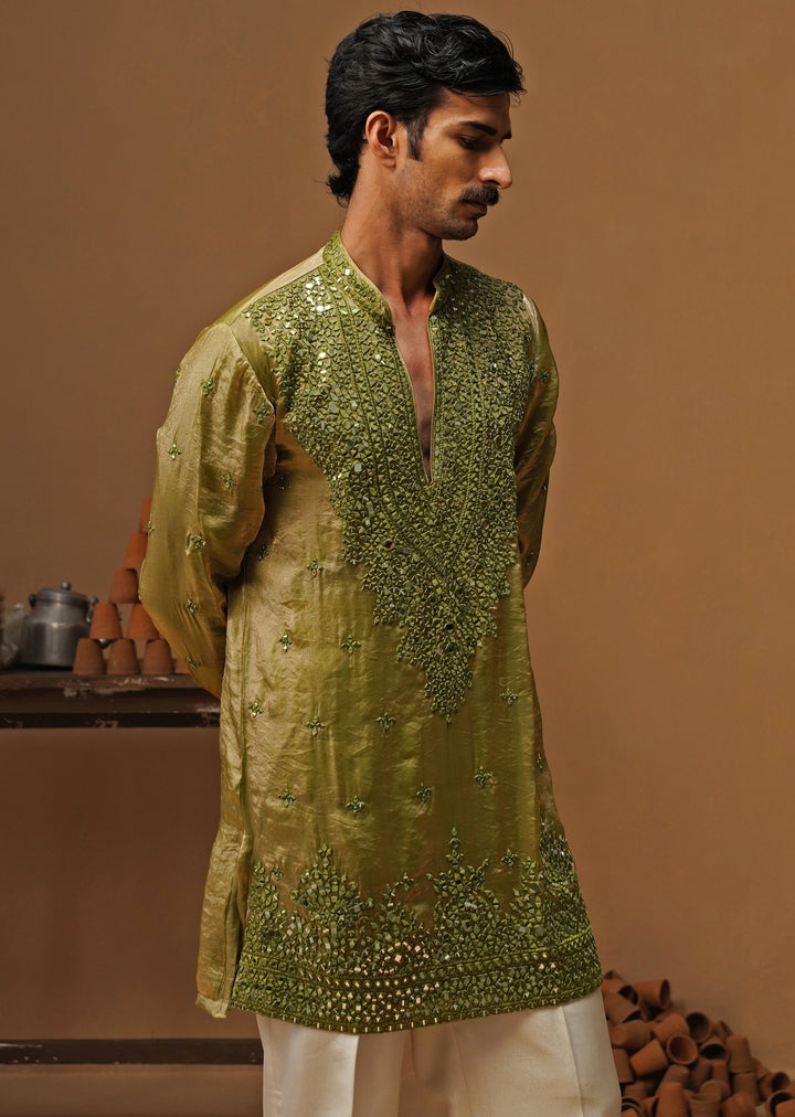 Mehendi Green Tissue Silk Short Kurta Set