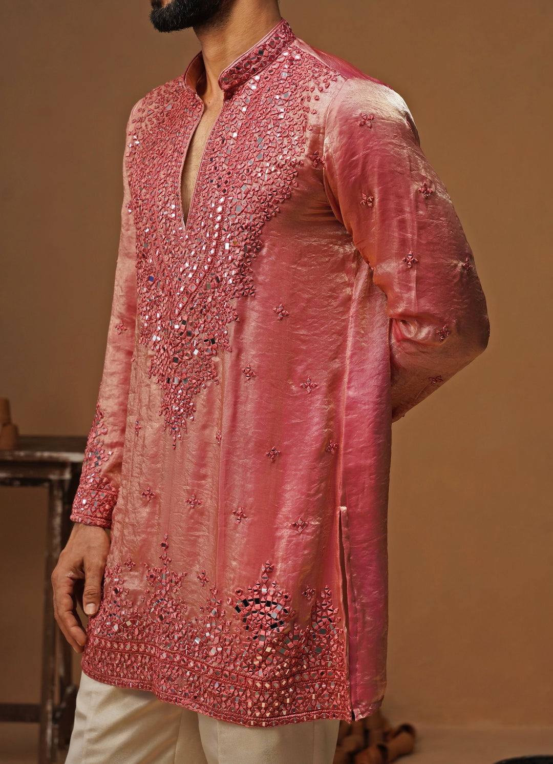 Pink Tissue Silk Short Kurta Set