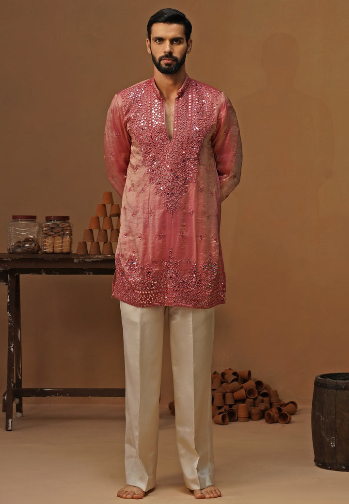Pink Tissue Silk Short Kurta Set