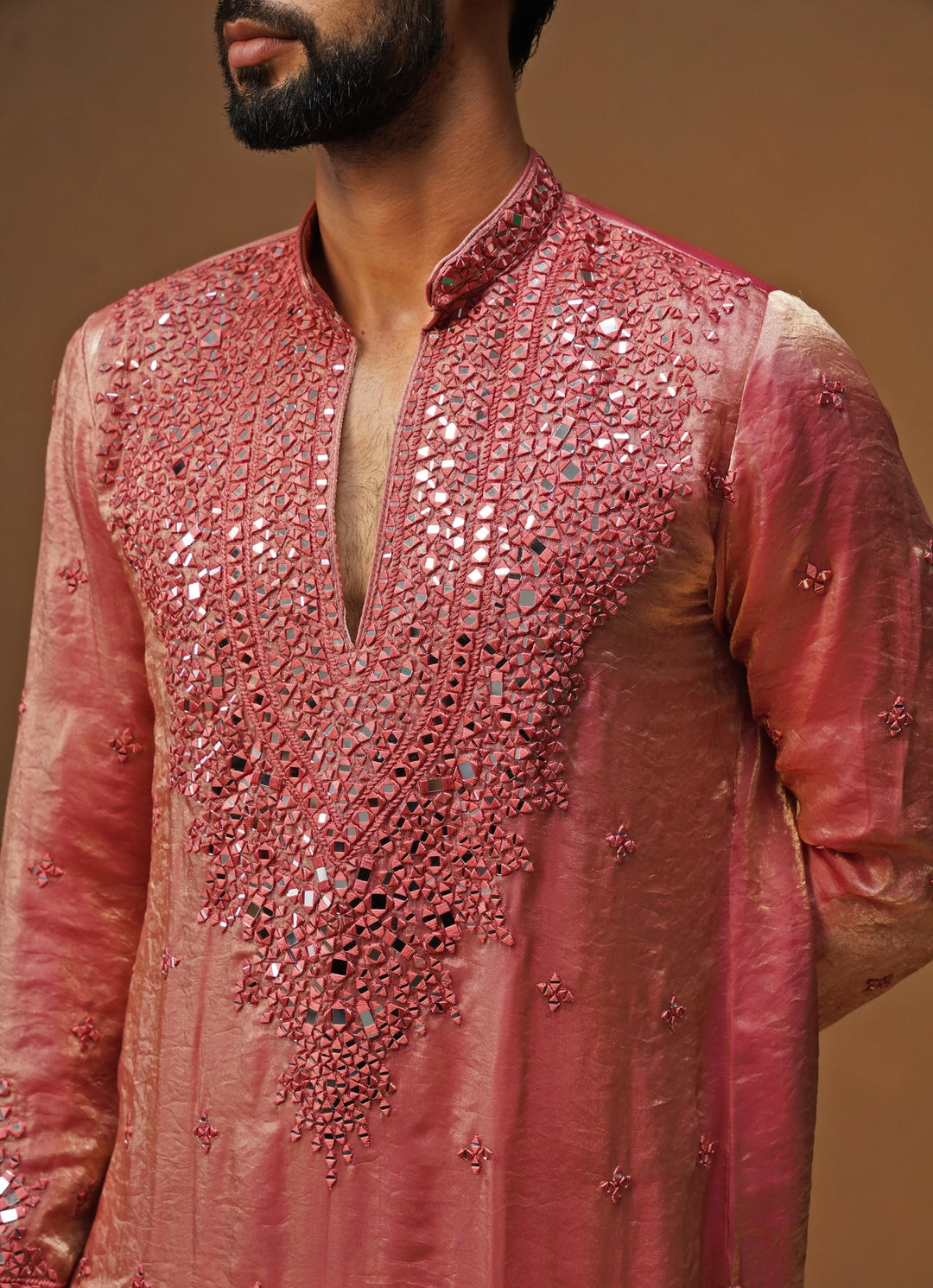 Pink Tissue Silk Short Kurta Set