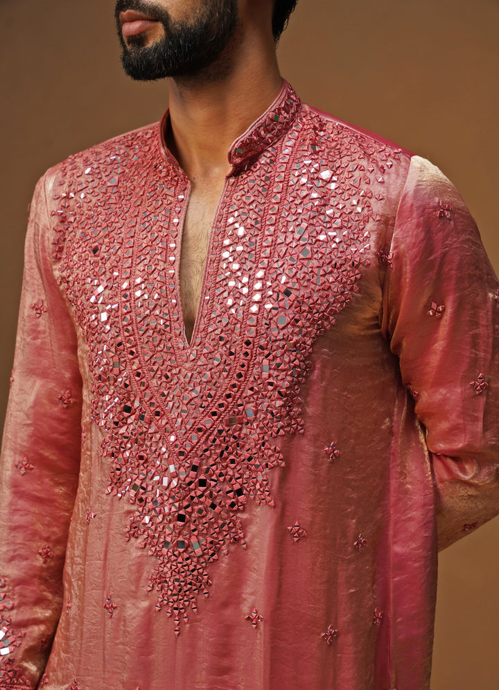Pink Tissue Silk Short Kurta Set