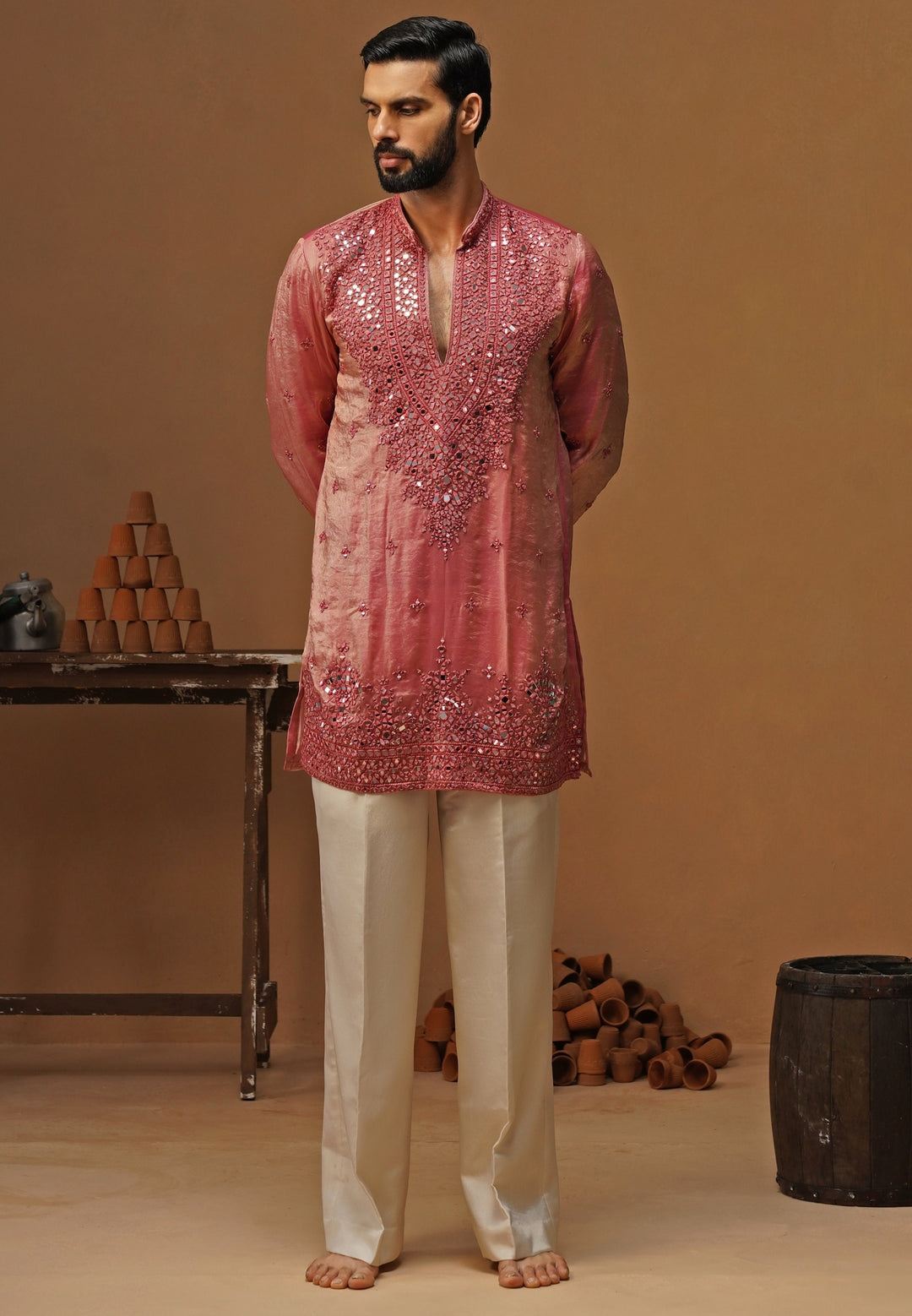 Pink Tissue Silk Short Kurta Set