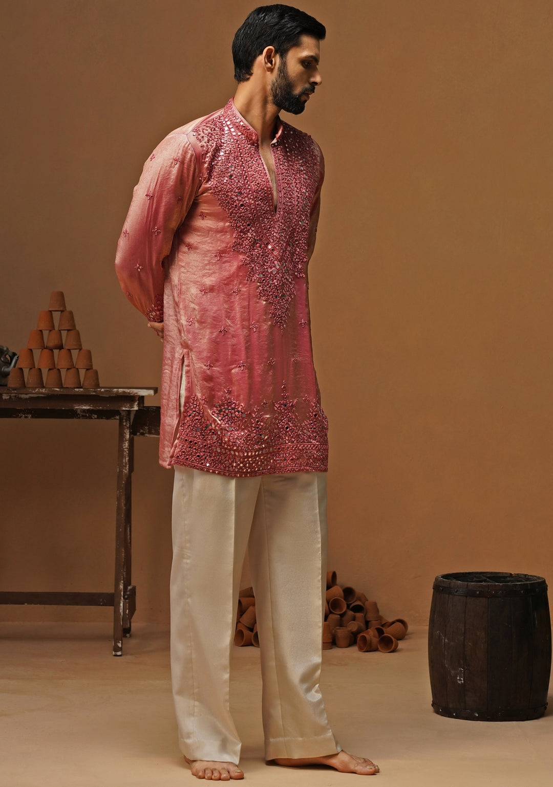 Pink Tissue Silk Short Kurta Set