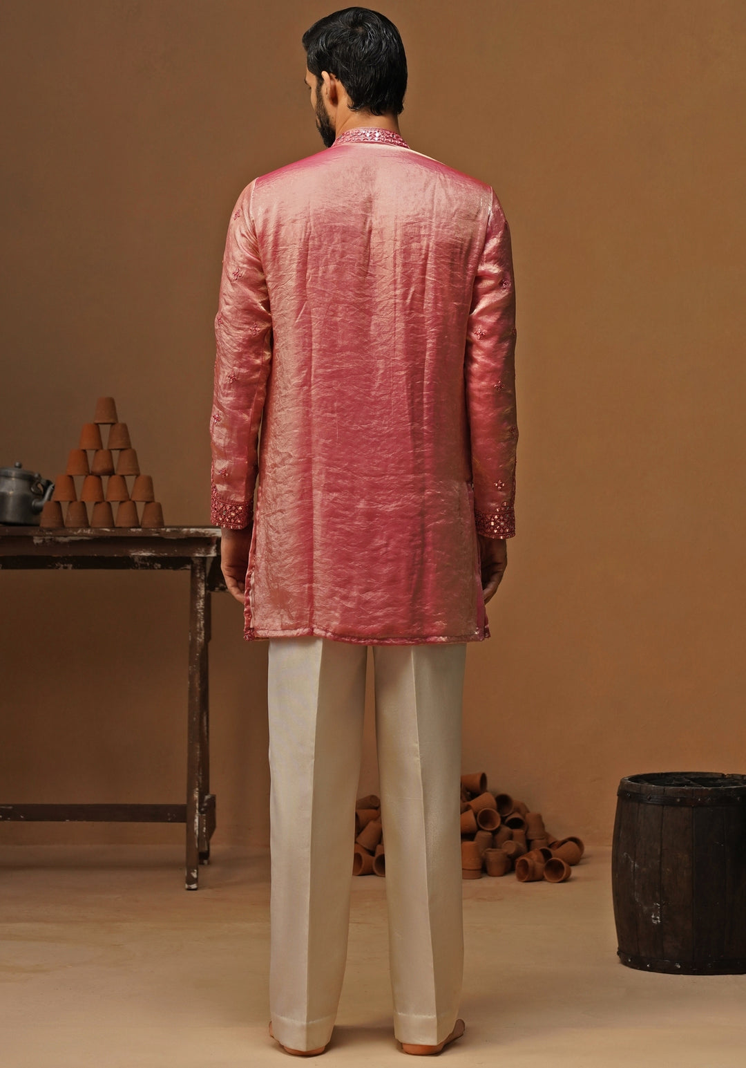 Pink Tissue Silk Short Kurta Set