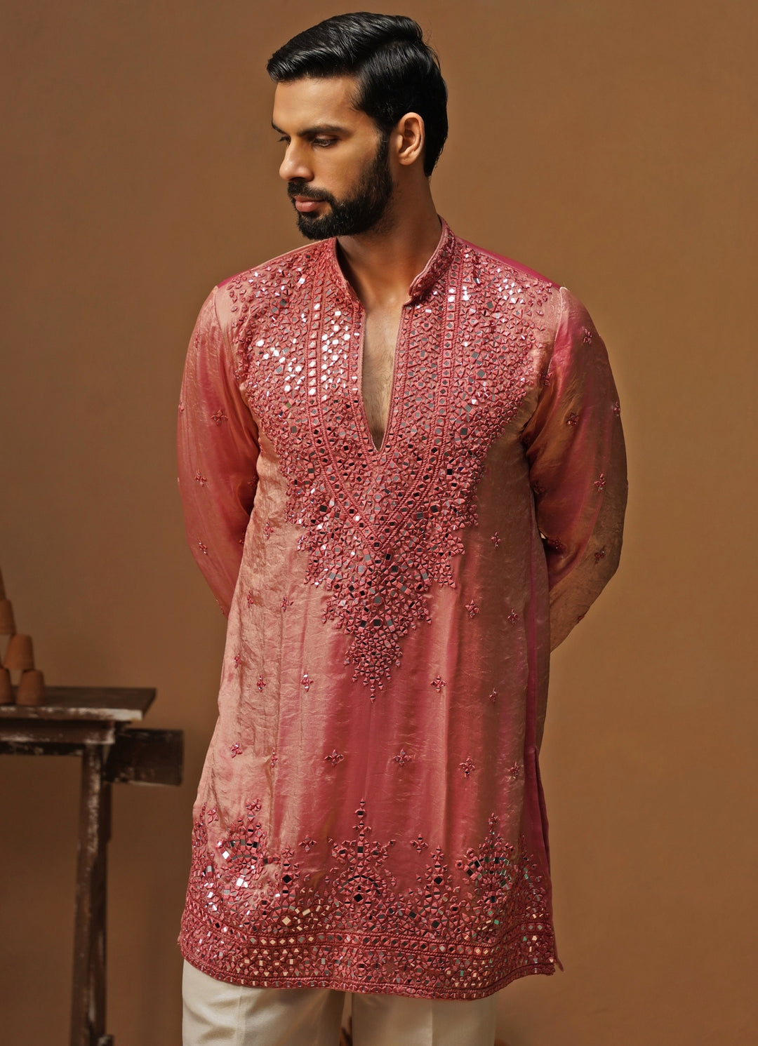 Pink Tissue Silk Short Kurta Set