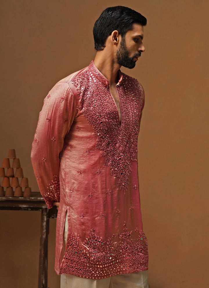 Pink Tissue Silk Short Kurta Set