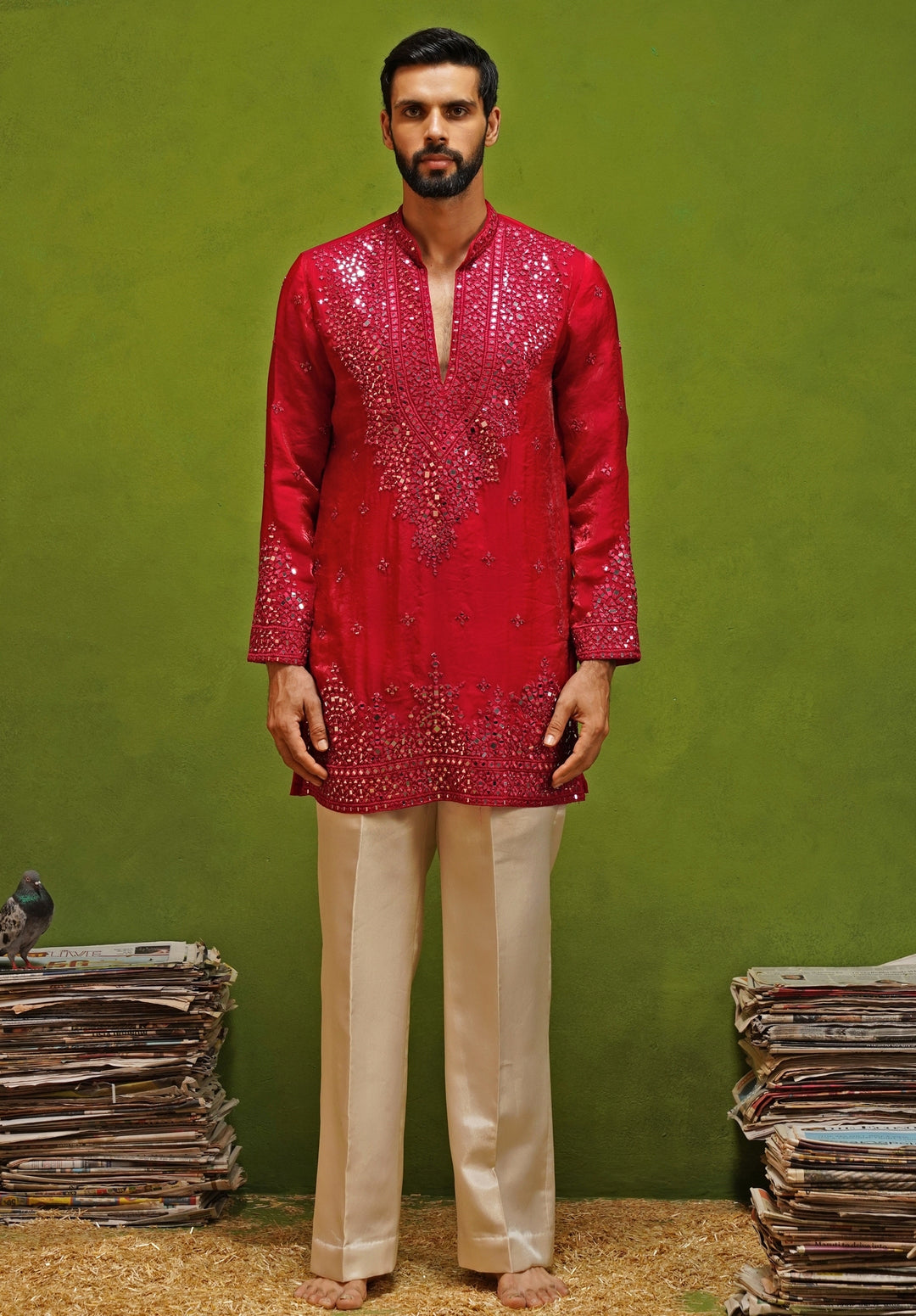 Hot Pink Tissue Silk Short Kurta Set