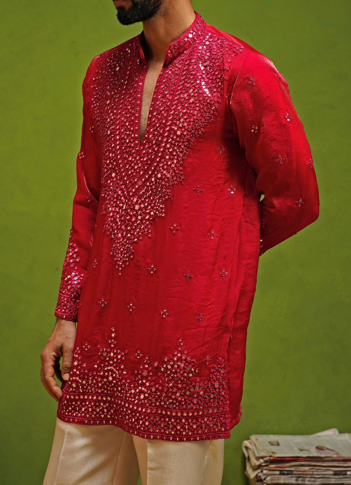 Hot Pink Tissue Silk Short Kurta Set