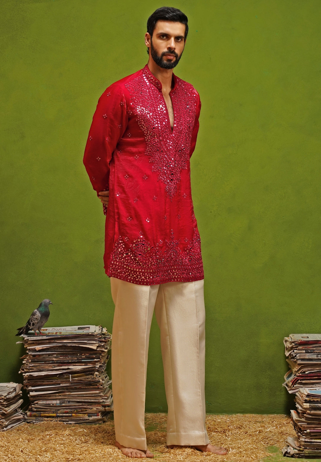 Hot Pink Tissue Silk Short Kurta Set