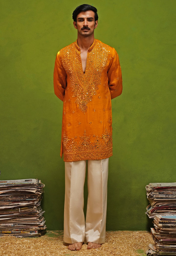Yellow Tissue Silk Short Kurta Set