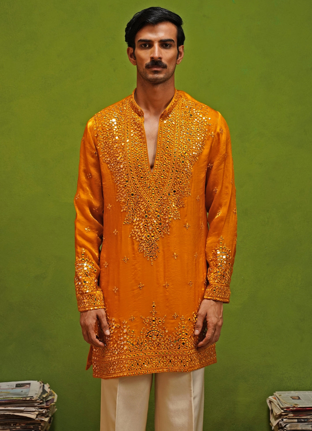 Yellow Tissue Silk Short Kurta Set