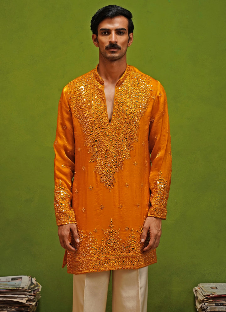 Yellow Tissue Silk Short Kurta Set