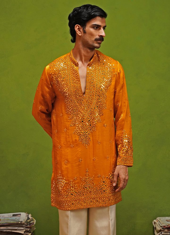 Yellow Tissue Silk Short Kurta Set