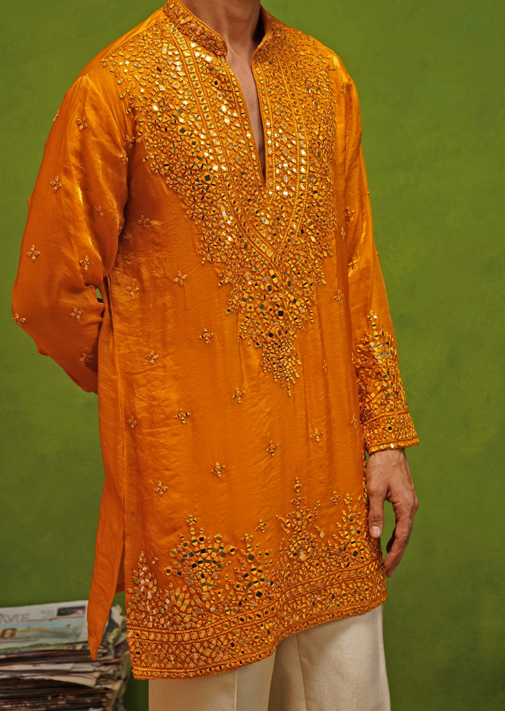 Yellow Tissue Silk Short Kurta Set