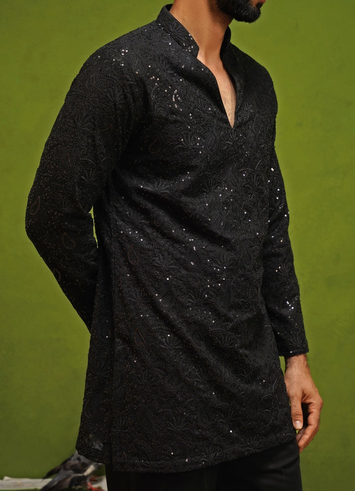 Black Georgette Short Kurta Pants Set