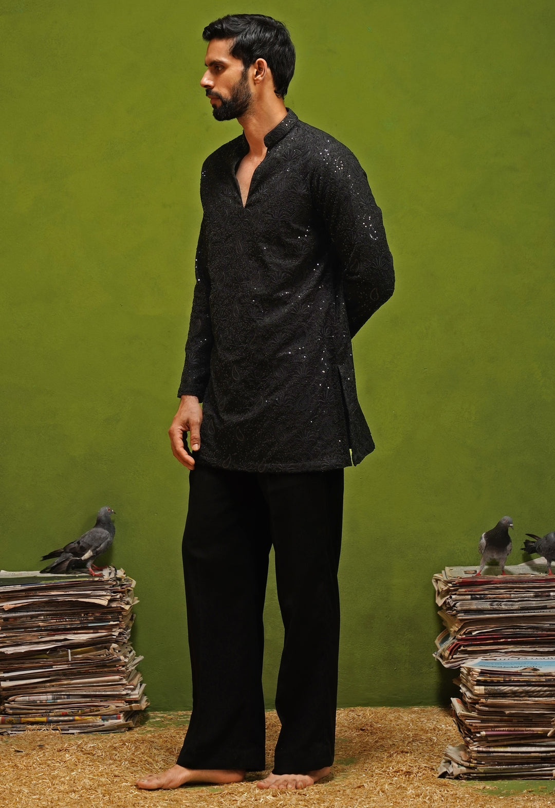 Black Georgette Short Kurta Pants Set
