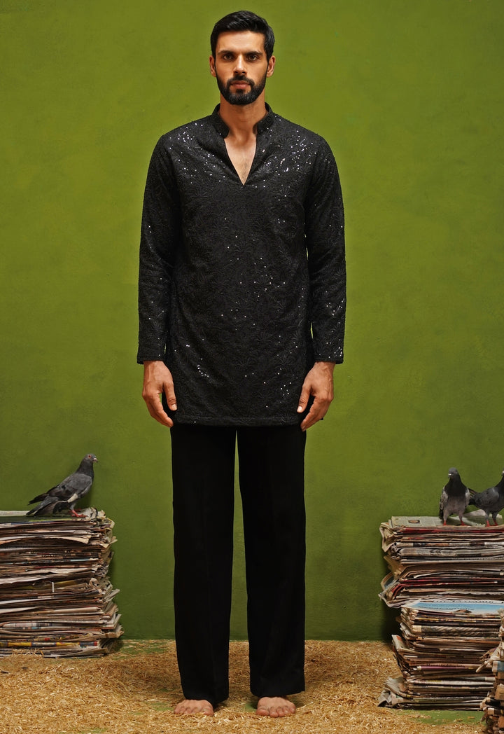 Black Georgette Short Kurta Pants Set