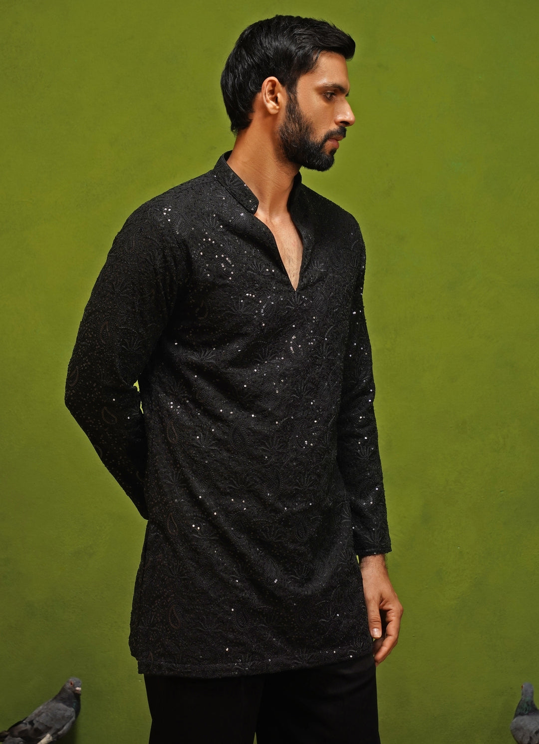 Black Georgette Short Kurta Pants Set