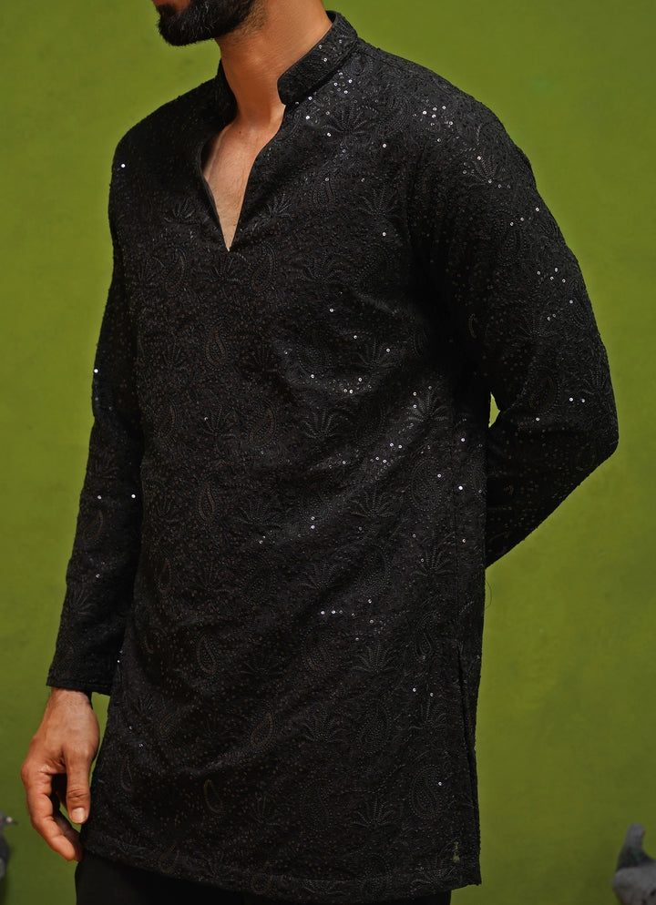 Black Georgette Short Kurta Pants Set