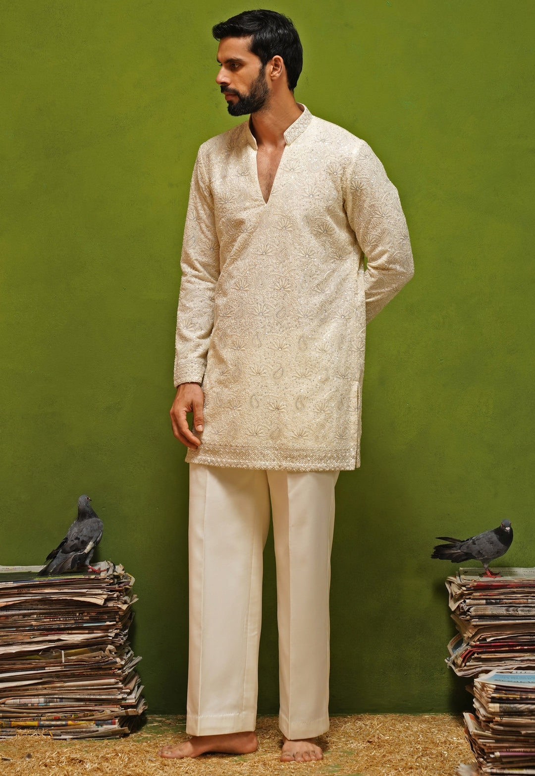Ivory Georgette Short Kurta Pants Set