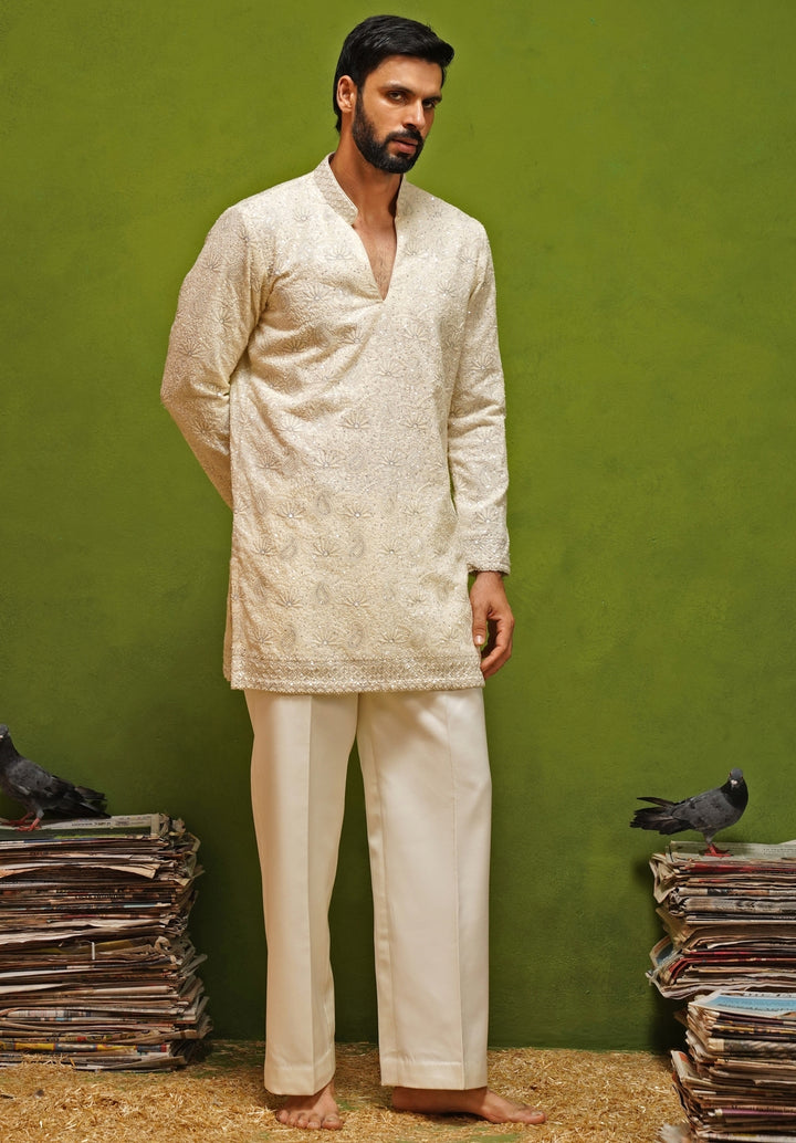 Ivory Georgette Short Kurta Pants Set