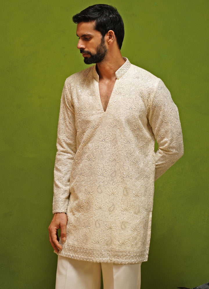 Ivory Georgette Short Kurta Pants Set