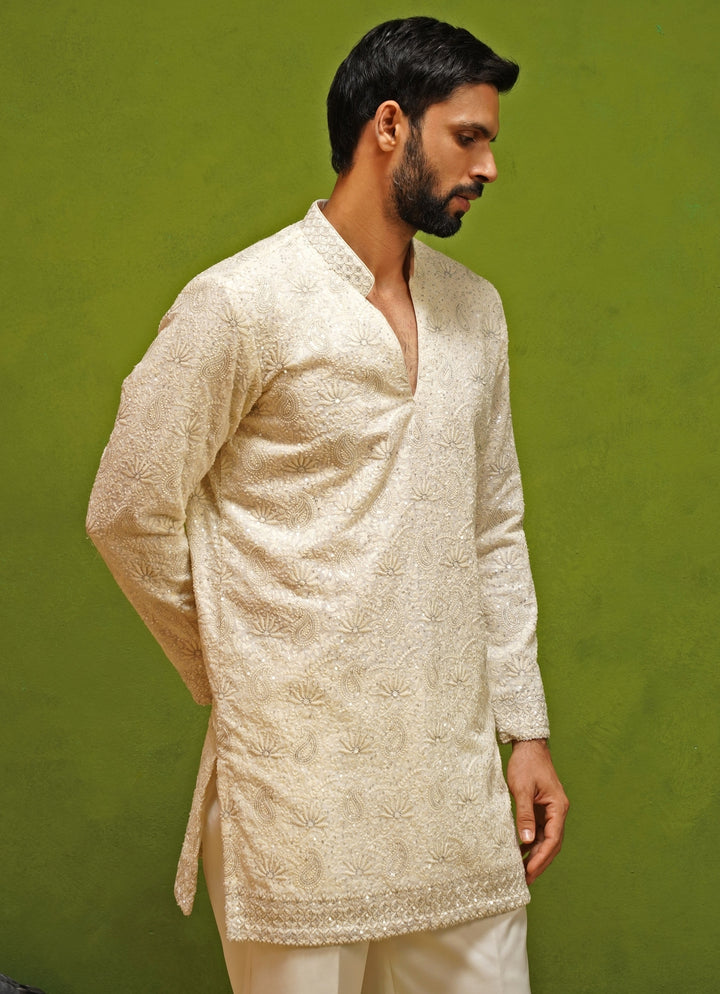 Ivory Georgette Short Kurta Pants Set