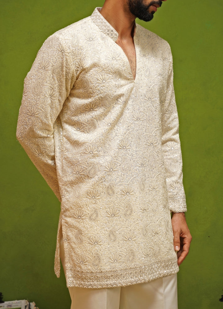 Ivory Georgette Short Kurta Pants Set