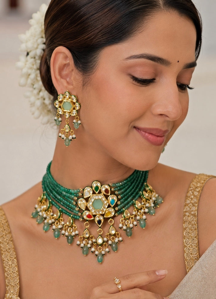 Green Beaded Polki Choker Set