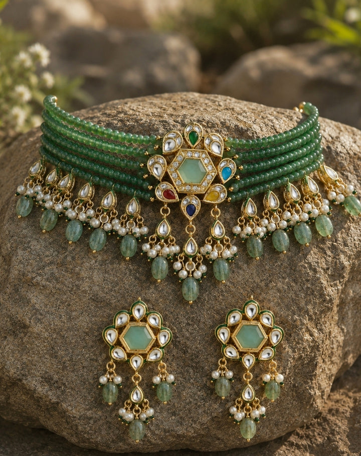Green Beaded Polki Choker Set