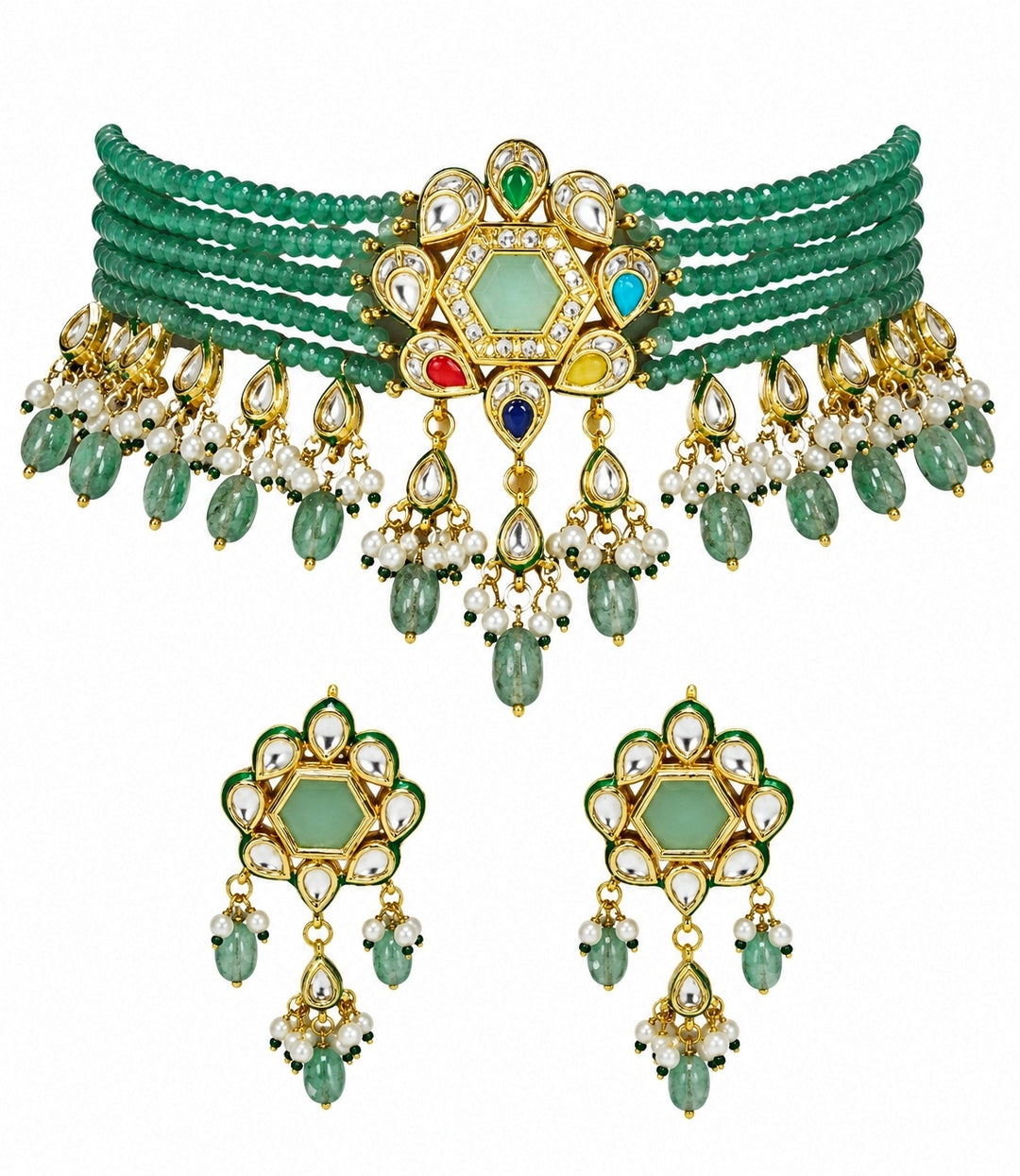 Green Beaded Polki Choker Set